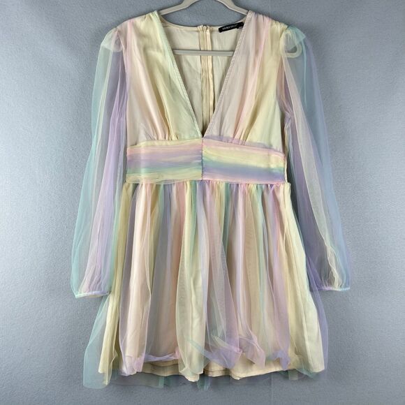 Double Crazy Dresses & Skirts - Fairy Whimsy Skater Dress Womens Large Double Crazy Plunge Neck Rainbow Mesh